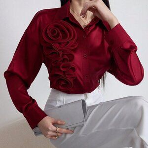 Burgundy Elegant Women's Patched Long Sleeve Shirt